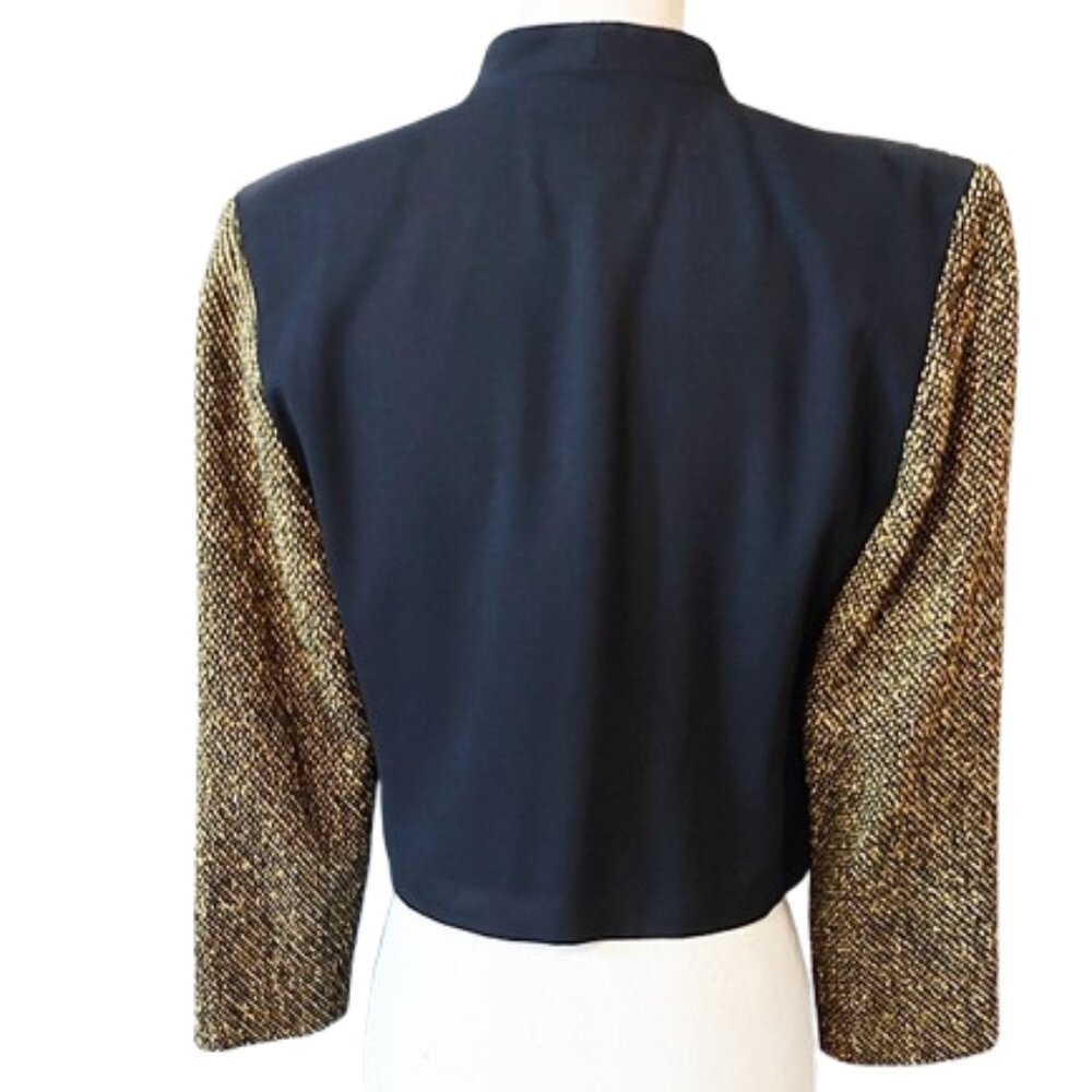 1990s Vintage Black & Yellow Color Blocked Cropped Short Jacket Mixed Fabrics - Picture 3 of 7
